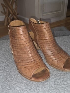 PAUL GREEN Cayenne Brown Leather Slingback Heeled Booties/Peep-toe Sandals